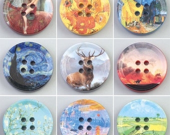 Resin Buttons-6Pcs Oil Painting Pattern Round Hole Button for Sewing-Blazer/Jeans/Jacket/Coat/Sweater