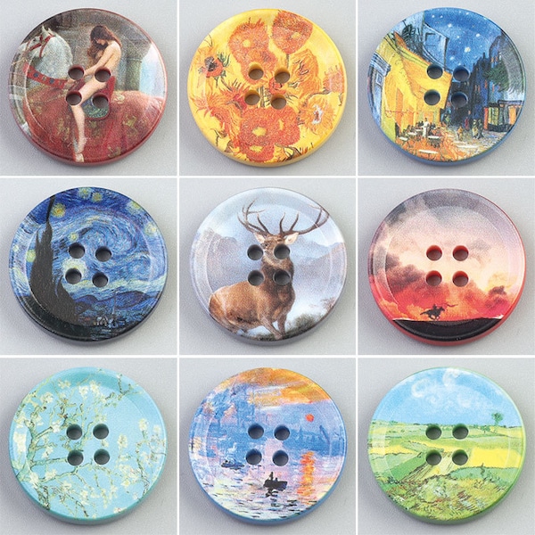 Boutons en résine - 6 pièces, motif de peinture à l'huile, bouton avec trou rond pour blazer/jean/veste/manteau/pull