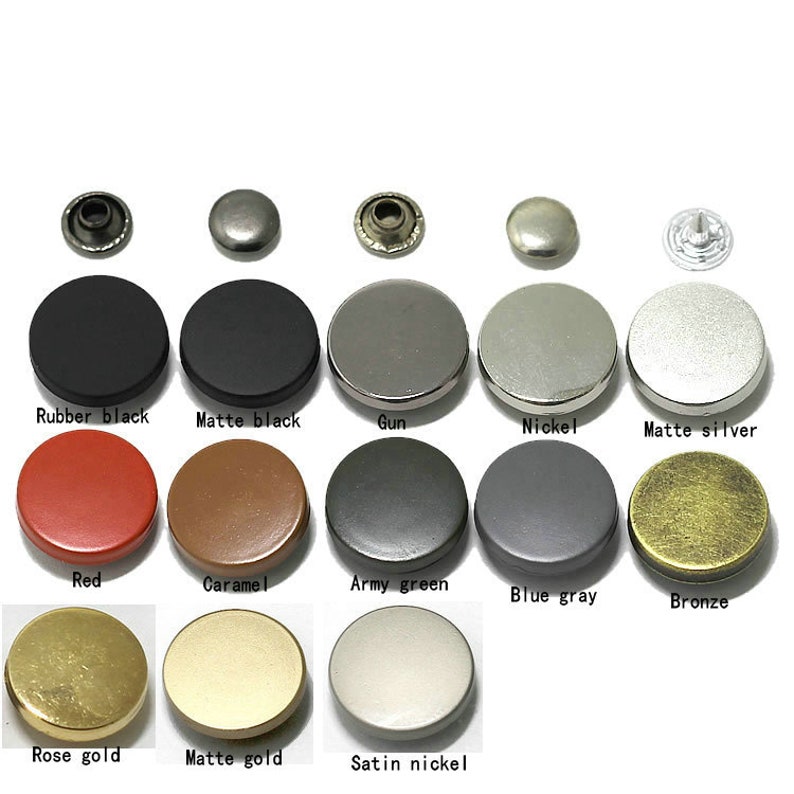 May include: Assortment of 12 round metal snaps in various colors and finishes, including rubber black, matte black, gun, nickel, matte silver, red, caramel, army green, blue gray, bronze, rose gold, matte gold, and satin nickel.