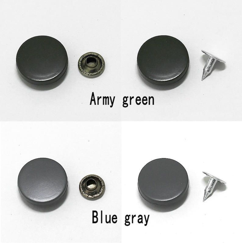 May include: Two sets of metal snaps, one in army green and one in blue gray. Each set includes two round snaps and a metal post.