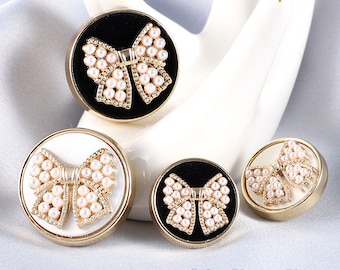 Botones de lazo de metal, 6 uds., botón blanco y negro con diamantes de imitación de perlas, dorado, plateado, para coser, chaqueta/abrigo/suéter/cárdigan
