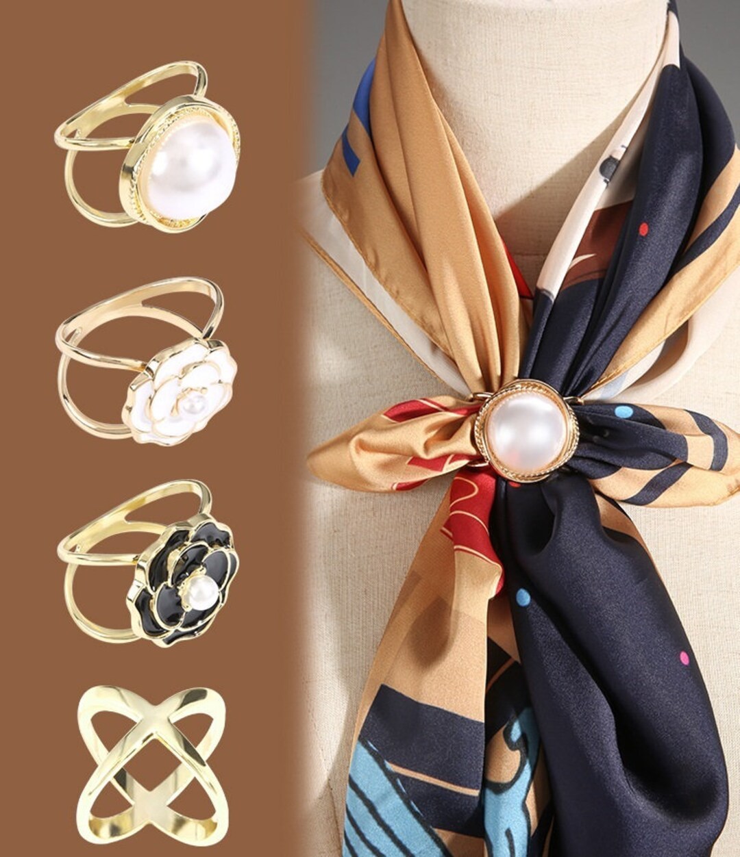 Pearl Scarf Ring Buckle2pcs Gold White Black Pin Button Women Clothing