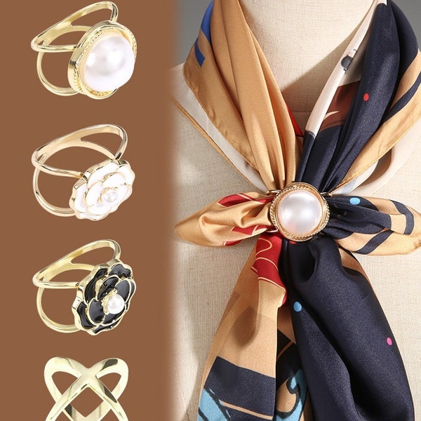 Pearl Scarf Ring Buckle-2Pcs Gold White Black Button Clothing Accessories for Silk Scarf/Shawl/Shirt/T-shirt/Belt