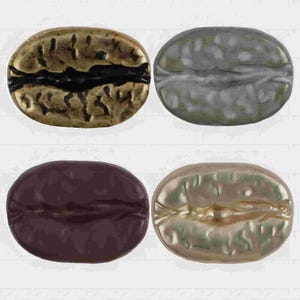 Puede incluir: Cuatro granos de café de cerámica en diferentes colores: dorado, plateado, marrón y dorado con un centro marrón claro. Los granos tienen todos la forma de un grano de café y una textura realista.