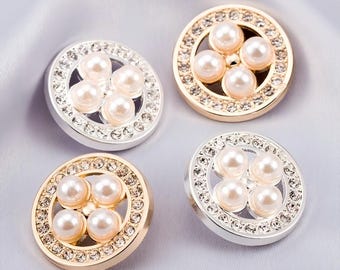 Botones de metal con perlas de imitación: diseño hueco dorado/plateado, 6 unidades