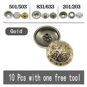 Metal Dragon Snap Buttons-10Pcs Press Stud Popper Gold/Gun for Jeans/Jacket/Coat/Leather/Wallet/DIY image 8