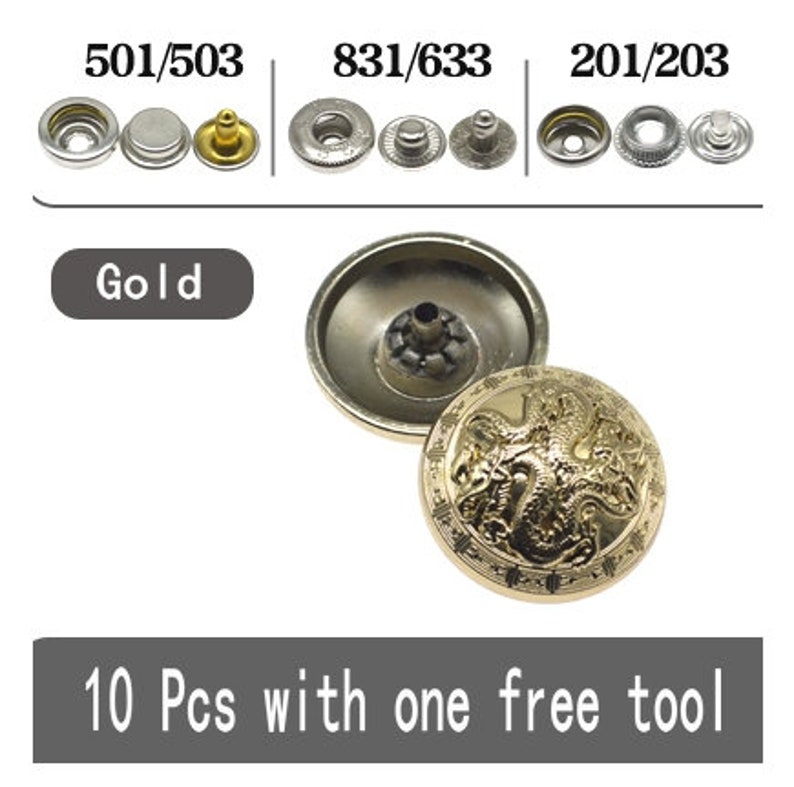 Metal Dragon Snap Buttons-10Pcs Press Stud Popper Gold/Gun for Jeans/Jacket/Coat/Leather/Wallet/DIY image 8