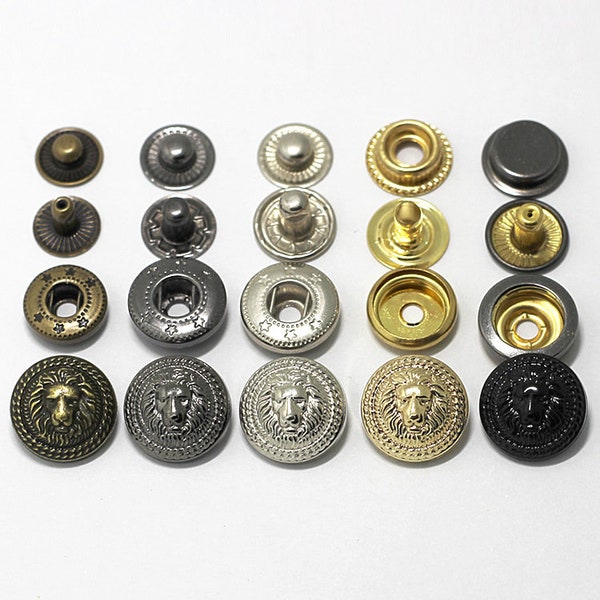 Metal Lion Snap Buttons-10Pcs Press Stud Popper Bronze/Gun/Silver/Gold/Black for Jeans/Jacket/Coat/Leather/Wallet/DIY