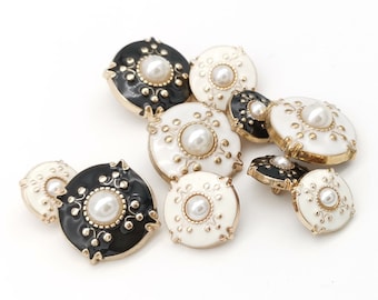 Metall-Perlenknöpfe mit Blumenmuster, 6 Stück, goldfarben, weiß/schwarz, Ösenknöpfe zum Nähen von Blazern/Jacken/Manteln/Pullovern