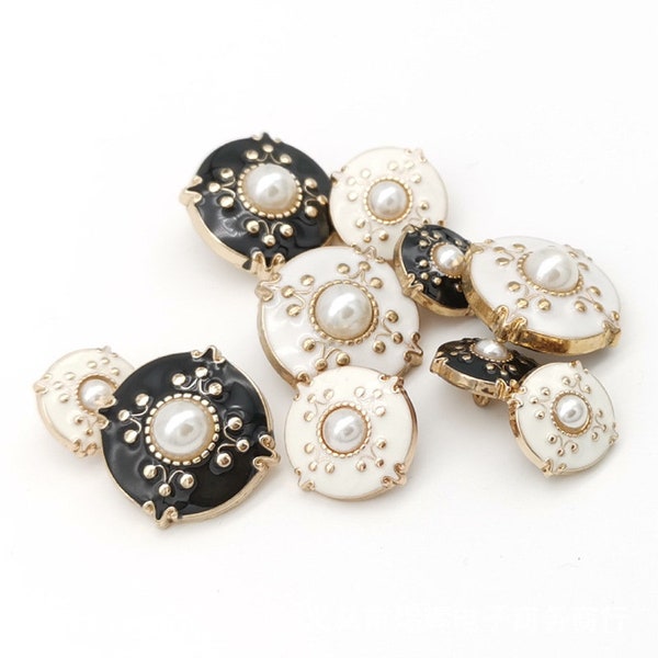 Boutons de perles florales en métal-6 pièces bouton à tige or blanc/noir pour couture-Blazer/veste/manteau/pull
