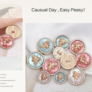 Metal Bee Rhinestone Buttons-6Pcs Pearl Shank Button for Sewing-Blazer/Jacket/Coat/Cardigan image 3