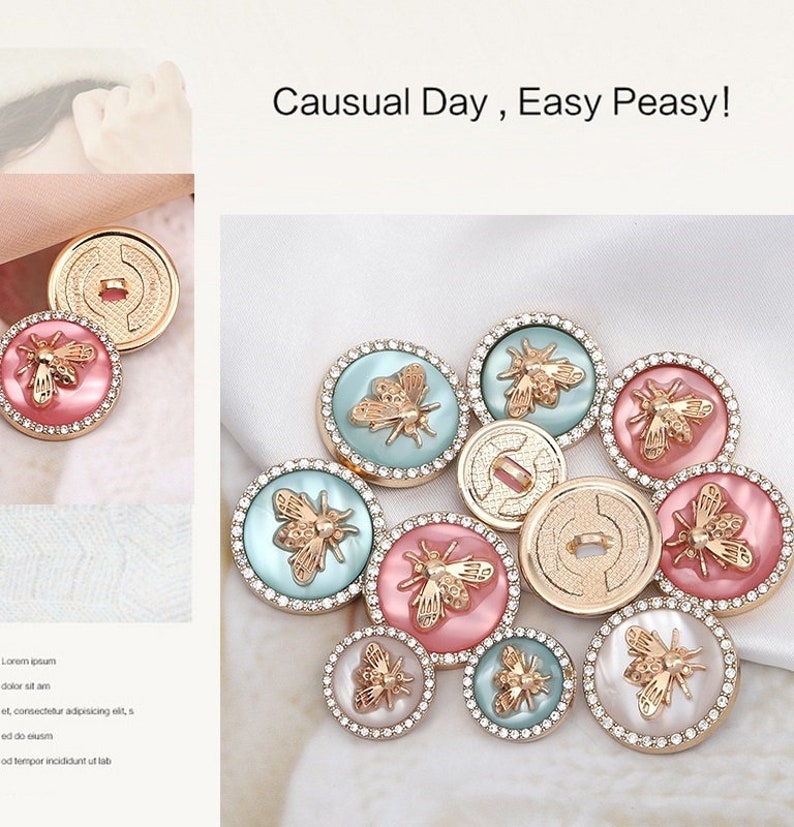 Metal Bee Rhinestone Buttons-6Pcs Pearl Shank Button for Sewing-Blazer/Jacket/Coat/Cardigan image 3