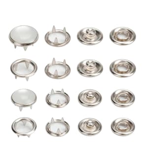 May include: A set of 12 silver-toned metal snap fasteners, with a variety of styles including round, dome-shaped, and pronged. The fasteners are arranged in four rows of three.