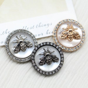 Metal Rhinestone Buttons-6Pcs Bee White/Silver/Gun Button for Sewing-Blazer/Jacket/Coat/Sweater