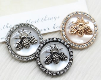 6 boutons en métal avec strass, blanc abeille/argent/pistolet pour couture-blazer/veste/manteau/pull