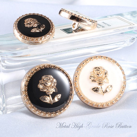 Metal Rose Buttons-6pcs Flower Gold Black/white Button for