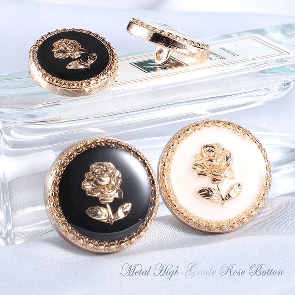 Metal Rose Buttons-6Pcs Flower Gold Black/White Button for Sewing-Cardigan/Knitwear/Blazer/Jacket/Coat/Sweater/Dress