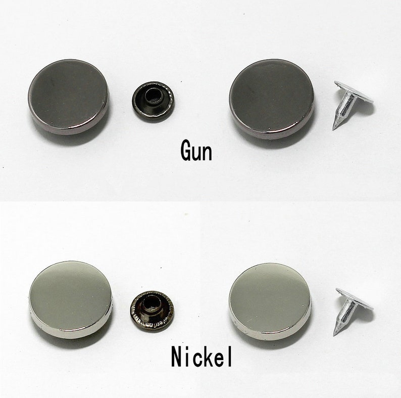May include: Two sets of metal snaps, one set in gunmetal and one set in nickel. Each set includes a snap, a stud, and a post.