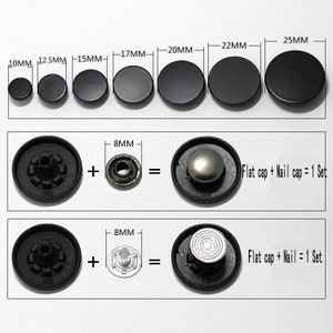 May include: Assortment of black plastic snap fasteners in various sizes, ranging from 10mm to 25mm. Each fastener consists of a flat cap and a nail cap, which are sold as a set. The image shows the different sizes of the fasteners and the components that make up each set.
