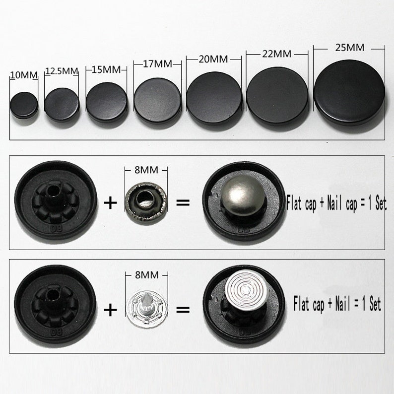 May include: Assortment of black plastic snap fasteners in various sizes, ranging from 10mm to 25mm. Each fastener consists of a flat cap and a nail cap, which are sold as a set. The image shows the different sizes of the fasteners and the components that make up each set.
