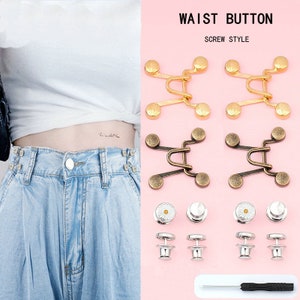 May include: A set of gold and bronze waist button closures with a screw-on design. The set also includes two pairs of silver-toned buttons with a daisy design and two pairs of silver-toned screw-on buttons. A small screwdriver is included.