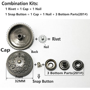 Peut inclure: Gros plan sur deux types de fermetures m&eacute;talliques&nbsp;: un rivet et un bouton pression. Le rivet est compos&eacute; d&rsquo;un capuchon, d&rsquo;un clou et d&rsquo;une pi&egrave;ce arri&egrave;re. Le bouton pression est compos&eacute; d&rsquo;un capuchon, d&rsquo;un clou et de trois parties inf&eacute;rieures. Le bouton pression a un diam&egrave;tre de 32&nbsp;mm.