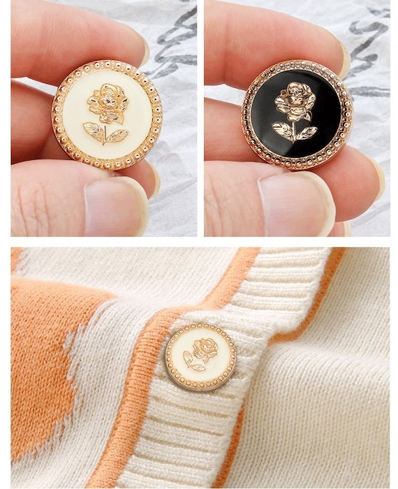Metal Rose Buttons-6pcs Flower Gold Black/white Button for