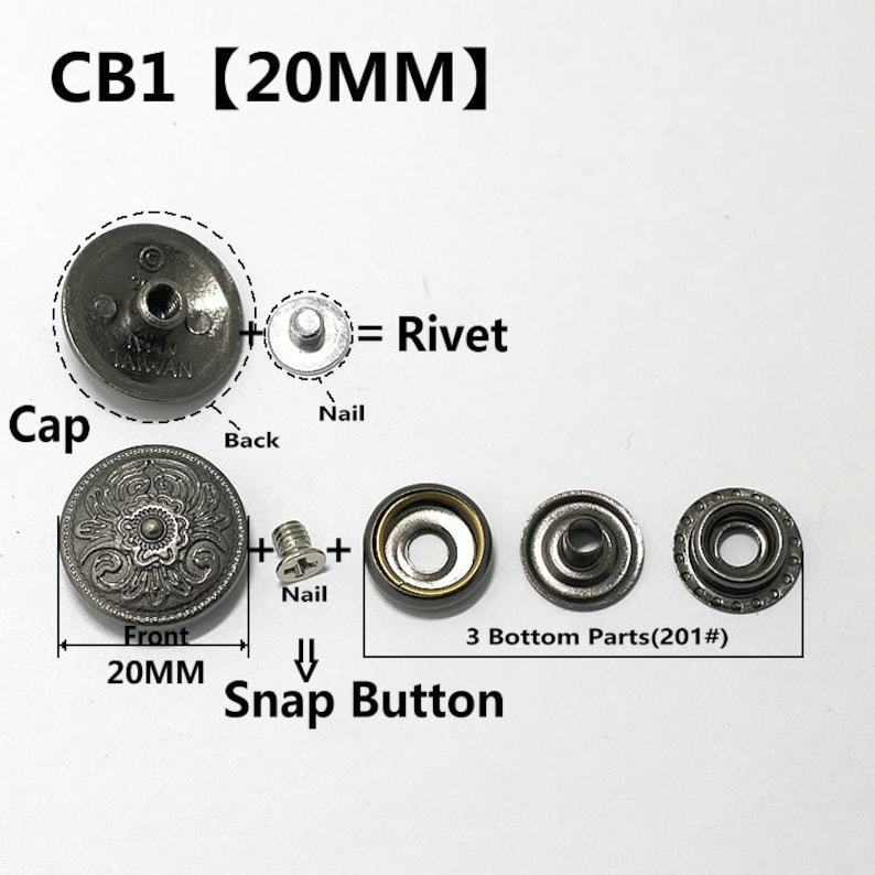 Peut inclure: Un bouton pression argent&eacute; de 20 mm de diam&egrave;tre. Le bouton est compos&eacute; de trois parties : un capuchon, un clou et un fond. Le capuchon pr&eacute;sente un motif d&eacute;coratif sur le devant. Le clou sert &agrave; fixer le capuchon au fond. Le fond est compos&eacute; de trois parties : une base, un anneau et une rondelle. Le bouton est &eacute;tiquet&eacute; "CB1 (20MM)".
