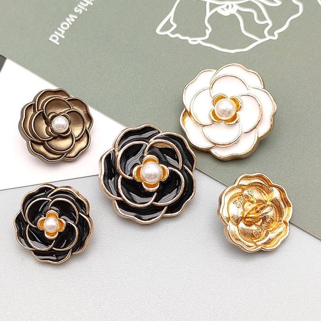 Ui Rose Button Metal Rose Buttons: Black, White & Gold Pearl Flower(6 Pcs) - Etsy