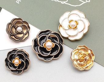 Botones de rosa de metal: flor de perla negra, blanca y dorada (6 unidades)