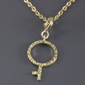 May include: A gold necklace with a textured, circular pendant in the shape of the female symbol.