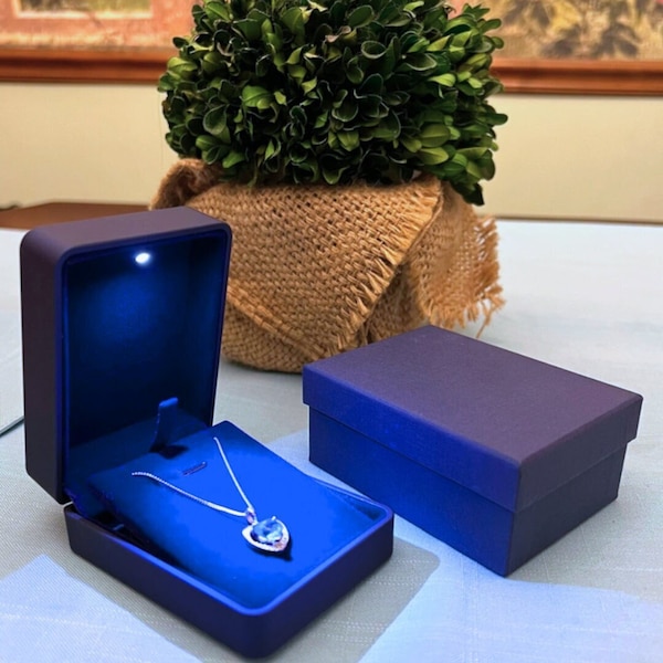 New Blue or Black Design LED Light Pendant or Small Necklace Gift Box for Proposals, Packaging, Engagements, Holder, Storage, and more.