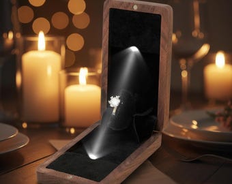 Ultra Slim LED Light Hidden Wooden Engagement Proposal Ring Box with Available Custom Engravement Wedding Valentines Day Anniversary