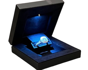 Ultra Slim Elegant Hidden Proposal Engagement Ring Box with Bright LED Light Black - Easily fits in your Pocket.