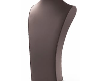 May include: A brown leatherette necklace display bust. The bust has a curved shape and a flat base. The top of the bust is round. The display is designed to showcase necklaces and pendants.