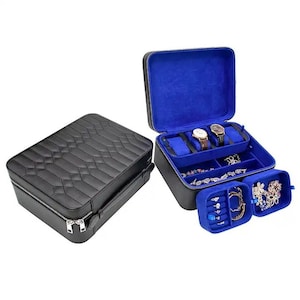 Blue & Black Luxury Travel Jewelry Case - Real Genuine Leather- For all Types of Jewelry - Great for Travelers, Jewelers and Hip Hop