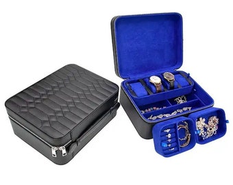 Blue & Black Luxury Travel Jewelry Case - Real Genuine Leather- For all Types of Jewelry - Great for Travelers, Jewelers and Hip Hop