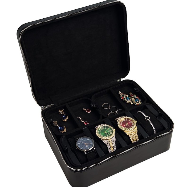 Black Luxury Travel Leather Jewelry Case - 5 Trays for All Types of Jewelry - Great for Travelers, Jewelers & Hip Hop. Custom Logo Available image 7