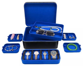 Blue Black Luxury Travel Jewelry Case Real Genuine Leather