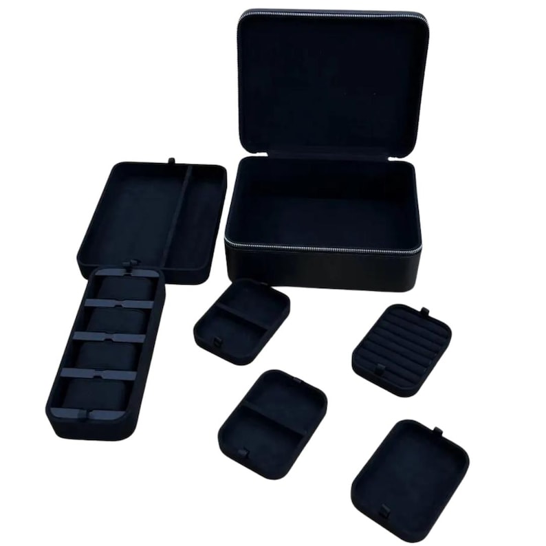 Black Luxury Travel Leather Jewelry Case - 5 Trays for All Types of Jewelry - Great for Travelers, Jewelers & Hip Hop. Custom Logo Available image 8