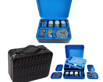 Baby Blue & Black Luxury Travel Jewelry Watch Case - Real Genuine Leather- For all Types of Jewelry - Great for Travelers, Jewelers and more