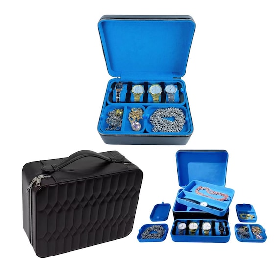 Baby Blue & Black Luxury Travel Jewelry Watch Case - Real Genuine Leather- For all Types of Jewelry - Great for Travelers, Jewelers and more