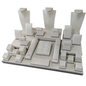 Custom Elegant Full Set Leather Jewelry Showcase Display - Perfect for Jewelry Store Display Program Showcase Event Shows - Pearl Grey White