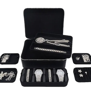 Deluxe Jewelry & Watch Case, Luxury Jewelry Case, Travel Case for Jewelry, Gift for Watch Collector, Gift for Jewelry Lover, Real Genuine Leather and 5 Trays for All Types of Jewelry - Great for Storage, Gift, Travelers, Jewelers and Hip Hop