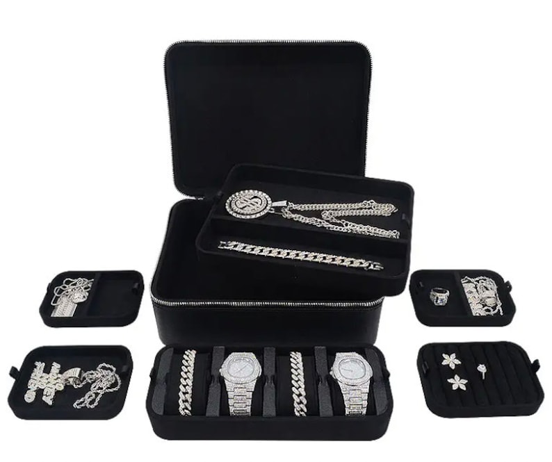 Deluxe Jewelry & Watch Case, Luxury Jewelry Case, Travel Case for Jewelry, Gift for Watch Collector, Gift for Jewelry Lover, Real Genuine Leather and 5 Trays for All Types of Jewelry - Great for Storage, Gift, Travelers, Jewelers and Hip Hop