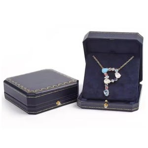 Caja de joyería de diseño vintage con collar grande azul oscuro, caja de almacenamiento de lujo para propuesta de matrimonio, caja de regalo de compromiso/aniversario, de cuero y terciopelo.