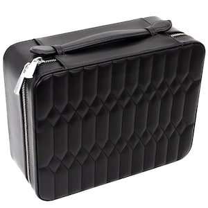 May include: A black quilted leather jewelry box with a silver zipper and a handle.