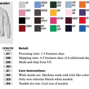 Peut inclure: Sweat-shirt unisexe blanc avec un tableau des tailles indiquant les mesures de la poitrine et de la longueur en pouces. Le tableau montre les tailles du S au 5XL. L'image comprend &eacute;galement un nuancier avec 24 options de couleurs diff&eacute;rentes.