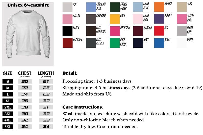 Peut inclure: Sweat-shirt unisexe blanc avec un tableau des tailles indiquant les mesures de la poitrine et de la longueur en pouces. Le tableau montre les tailles du S au 5XL. L'image comprend &eacute;galement un nuancier avec 24 options de couleurs diff&eacute;rentes.