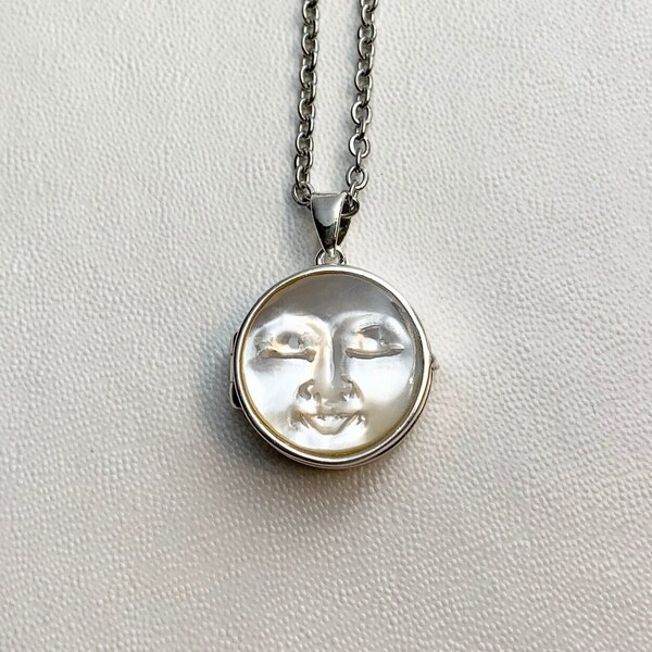 STERLING SILVER LOCKET with Carved Mother of Pearl Sleeping Moon Face cabochon on 16" necklace